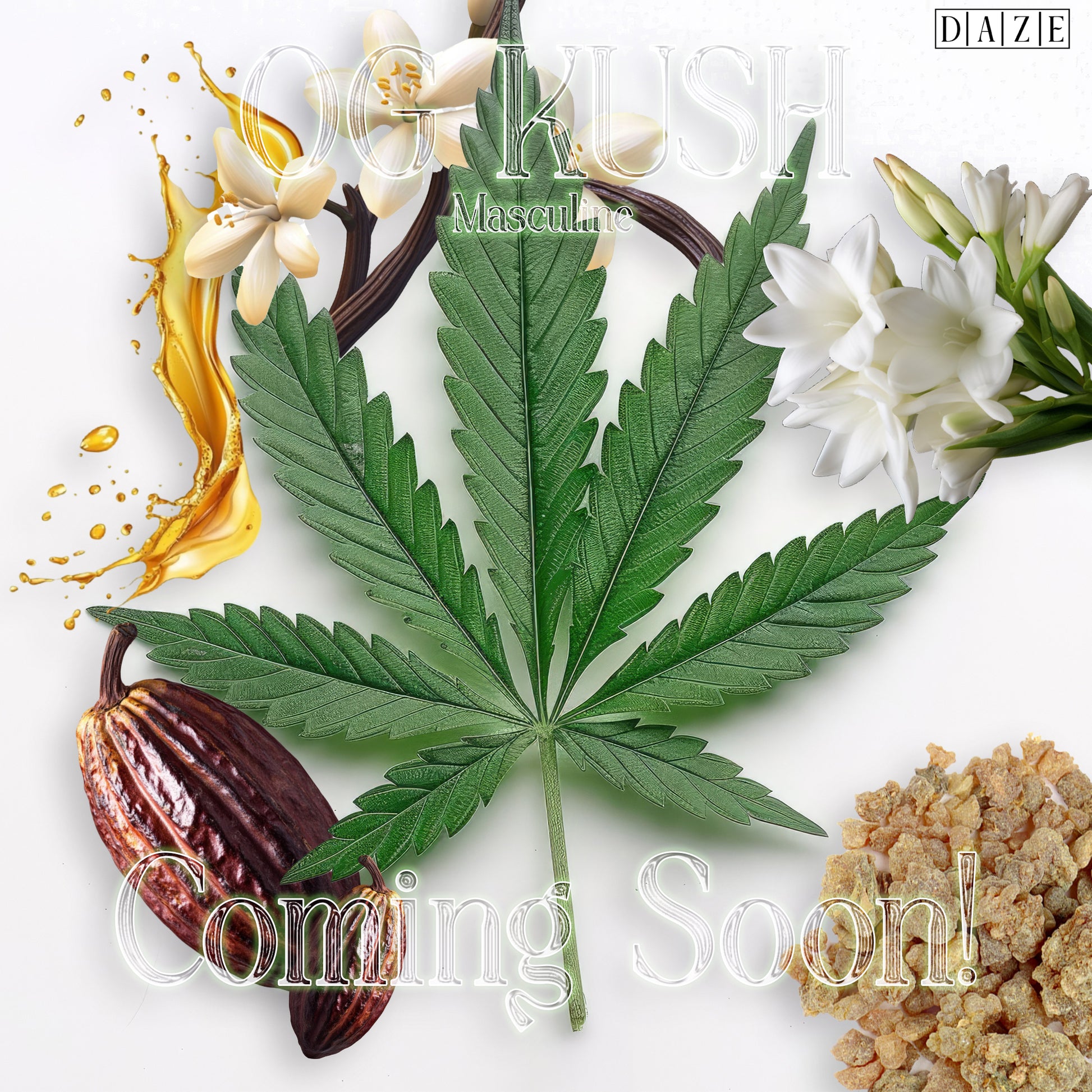 individual pics from freepik. myrrh, cocoa pod, amber, tuberose, vanilla, hemp flower, og kush,